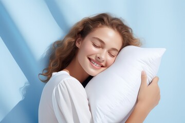 Naklejka premium beautiful young woman hugging a pillow, on light blue color background