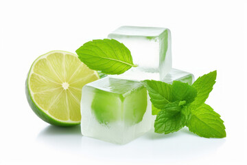 Ice cubes, mint leaves, lime on white background