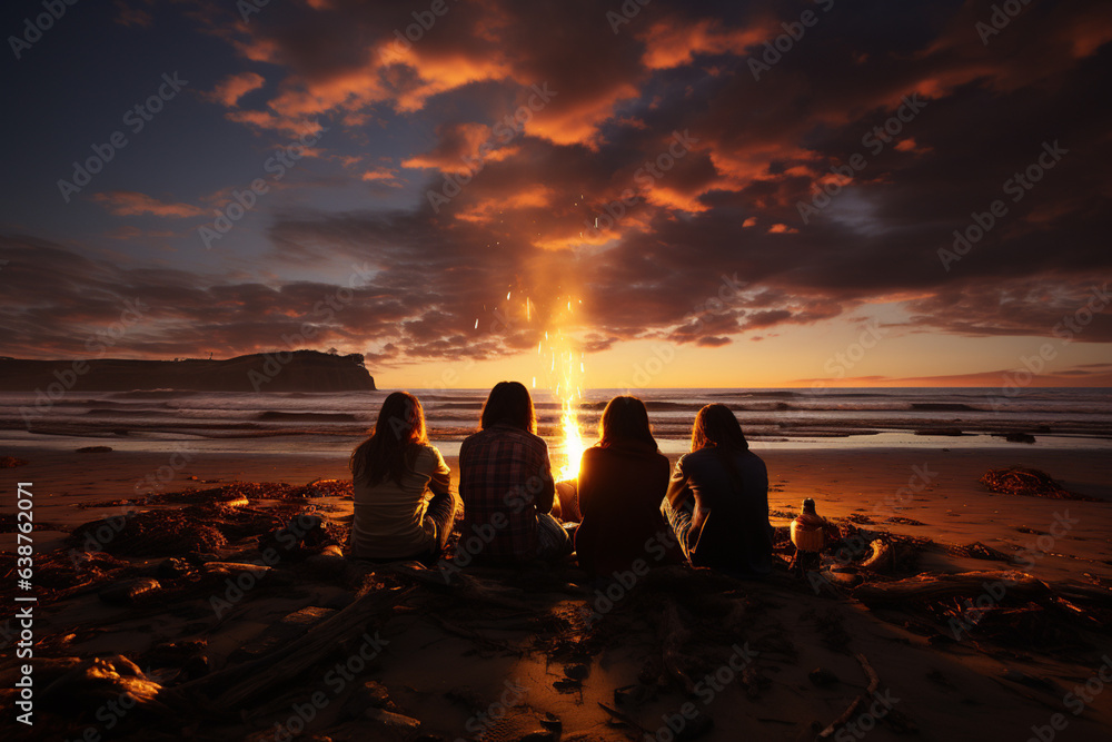 Poster A group of friends gathered around a bonfire on a beach, watching fireworks explode above the ocean as they count down to midnight.  Generative AI technology.