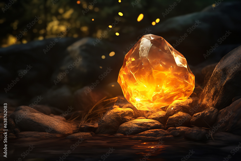 Sticker By a roaring campfire, a citrine lies, reflecting the mesmerizing dance of flames and radiating warmth