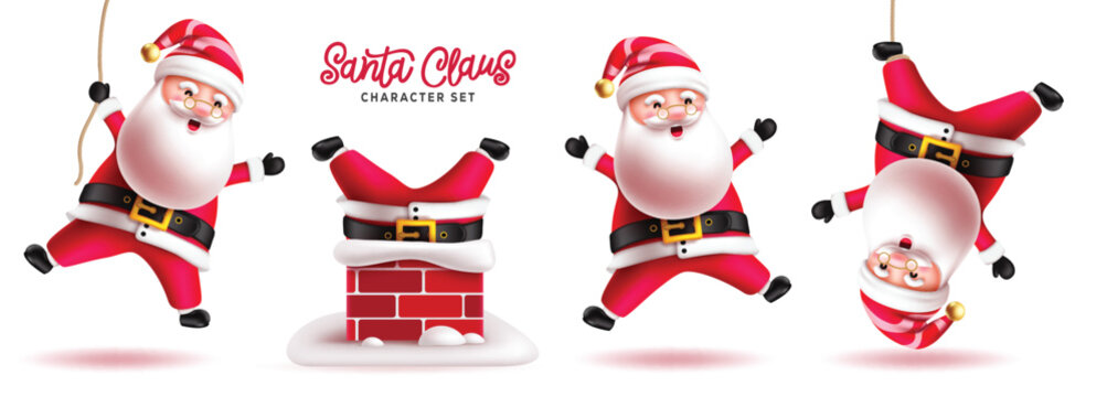 Santa claus characters vector set design. Christmas santa claus character in jumping, rope swinging and happy smiling isolated in white background. Vector illustration holiday season santa claus 