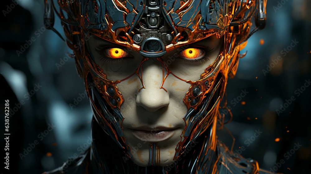 Aufkleber the face of a cyborg robot man, a mixture of human and computer artificial intelligence.