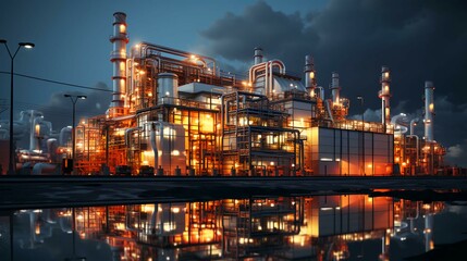 Fototapeta na wymiar Industrial oil refinery petrochemical chemical plant with equipment and tall pipes at night. 