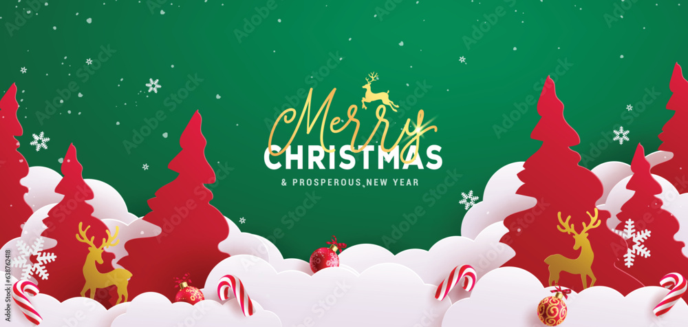 Wall mural merry christmas greeting vector design. christmas greeting text in space with pine tree, fir tree an