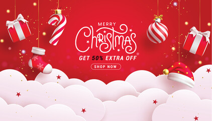 Merry christmas text sale vector banner design. Christmas sale promo discount offer with paper cut clouds and hanging xmas elements in red background. Vector illustration seasonal shopping promo.

