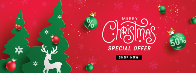 Merry christmas sale vector banner design. Christmas special offer text with paper cut pine tree elements for seasonal promotion advertisement background. Vector illustration promo discount voucher.

