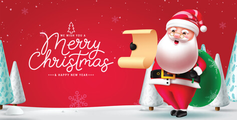 Merry christmas text vector design. Christmas santa claus character reading wish list and holding sack of gift in snow winter background. Vector illustration greeting card design.

