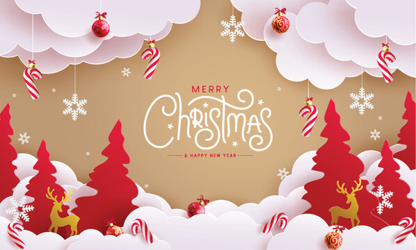 Christmas greeting text vector design. Merry christmas and happy new year greeting card with paper cut ornaments and elements decoration. Vector illustration holiday season template.
