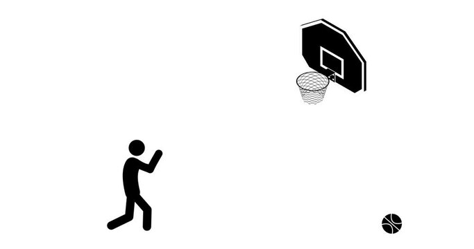 Stick figure basketball game, three points shot into the ring on a white background, flat 4K animation.