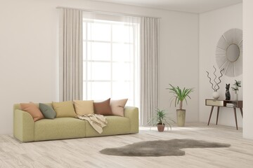 White scandinavian interior design with sofa. 3D illustration