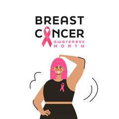 Breast cancer awareness month banner , happy woman with pink ribbon, vector illustration