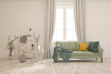 White living room with sofa. Scandinavian interior design. 3D illustration