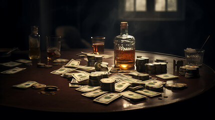 Obraz premium dramatic, wide-angle shot of a 1950s New York barroom table, with a glass of whiskey, a cigar, a gun, and a pile of cash. Dark style, photorealistic, film grain, 8k.