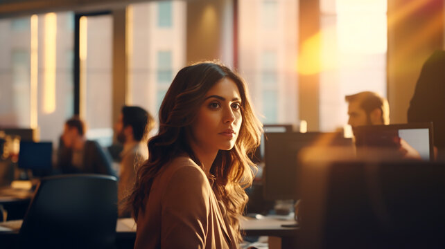 Serious female manager or ceo at a large office place with windows. Corporate environment, possibly real estate, lawyer, non-profit, marketing. Made by Generative AI.