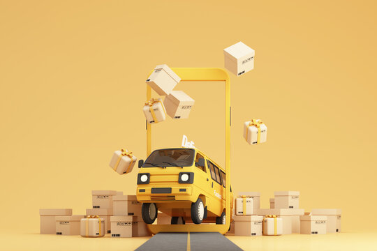 online shopping concept and express delivery by van and scooter Surrounded by cardboard boxes and product packages for transportation via mobile app. on yellow background, cartoon style. 3d rendering