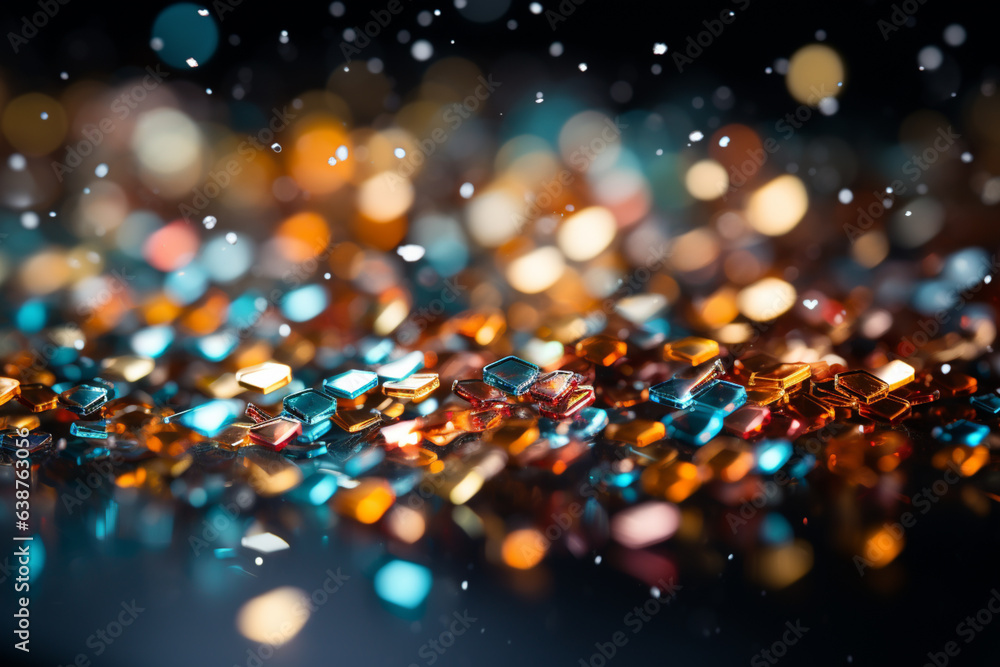 Poster A close-up of colorful confetti falling in slow motion against a black backg Generative AI technology.