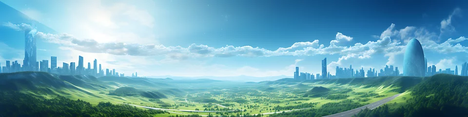 Foto op Plexiglas  futuristic blue sky sun street green landscape without planets in the sky © simo