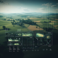 futuristic user interface showing a map of a rural farm, drone footage, arias photography, infrared, predator 1980 - obrazy, fototapety, plakaty