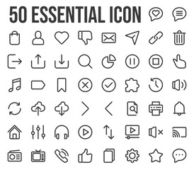 Essential icon set, in line style in pixel perfect. for the needs of user interfaces, websites, and technology applications. Includes home, like, multimedia, social media, bookmark, and navigation.