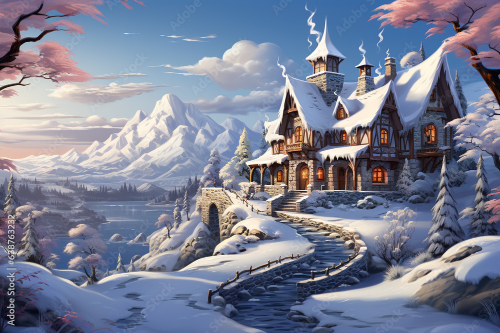 Aufkleber a picturesque image of a snow-covered landscape with a quaint cottage and warm light emanating from 