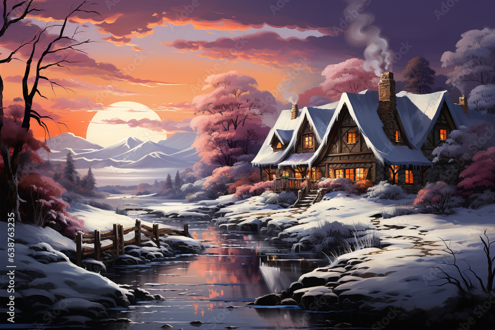 Poster a picturesque image of a snow-covered landscape with a quaint cottage and warm light emanating from 