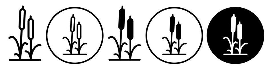 Cattail Icon. Symbol of pond side reed marsh growing plant. Flat vector set of lake or river water side wild swamp grass in outline style - obrazy, fototapety, plakaty