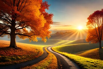 Naklejka na ściany i meble autumn landscape with a road