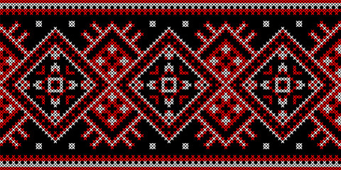 Vector illustration of Ukrainian ornament in ethnic geometric style, identity, vyshyvanka, embroidery for print clothes, websites, banners. Background, copy space, frame