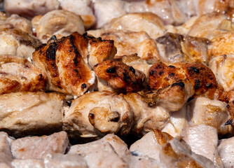 meat on skewers is cooked on coals in the grill.