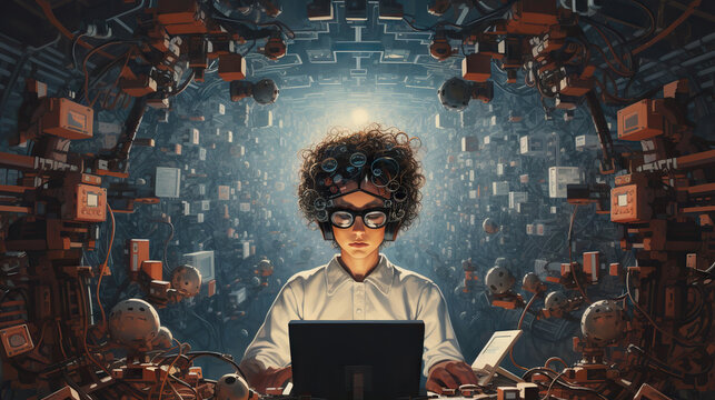 The Young Humanoid Female Head Is Connected To A Super Computer, Symbolizing Artificial Intelligence. Futuristic Illustration Of The Relationship Between Humans And Neural Networks. Copy Space