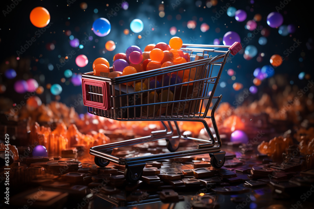 Aufkleber an image featuring a glowing shopping cart icon surrounded by vibrant lights against a black backgro