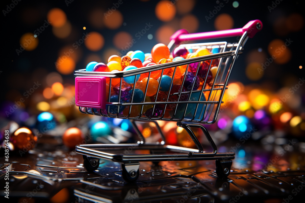 Poster an image featuring a glowing shopping cart icon surrounded by vibrant lights against a black backgro