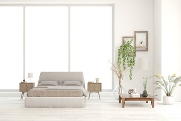 White bedroom concept. Scandinavian interior design. 3D illustration