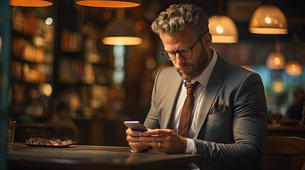 a business man in a suit sits in his rustic dark office and chats on his mobile phone.