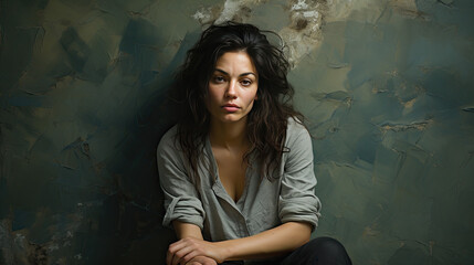 Fototapeta premium a pretty young woman with black hair is sitting in front of a ramshackle concrete wall.