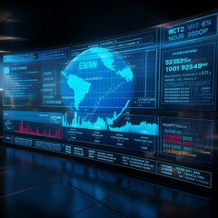 virtual reality light blue screen showing market data, news and messages futuristic realistic 4k