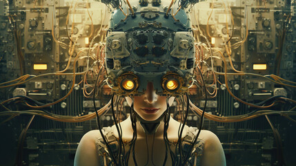 Naklejka na ściany i meble The young humanoid female head is connected to a super computer, symbolizing artificial intelligence. Futuristic illustration of the relationship between humans and neural networks. Copy space