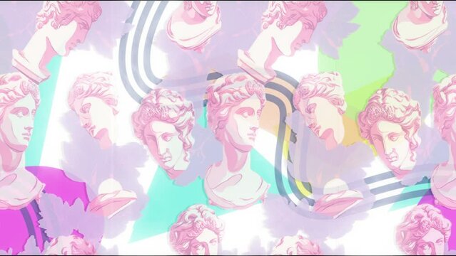 Venus Head statue with risograph style ornament. Seamless moving background. 4k looping animation background.  Generated AI Video.