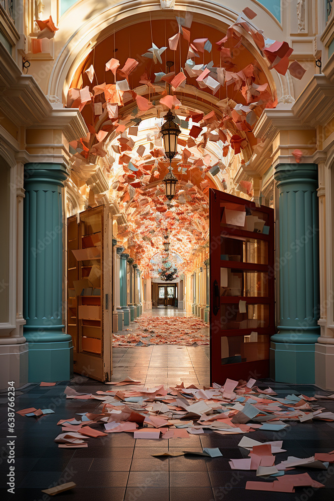 Poster An image of a grand archway adorned with discount tags, representing a gateway to a world of savings and value.  Generative AI technology.