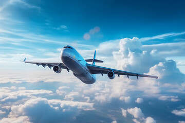 Fototapeta na wymiar Airline Airbus, airplane is flying cloudy sky