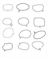 Obraz premium Vector Set of speech bubbles. Dialog box icon, message template. Doodle clouds for text, lettering. Different shape of empty balloons for talk on blue background. Flat vector illustration. 