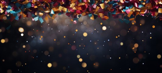 Festive carnival new year's eve celebration party banner texture - Falling colorful multicolored glitter confetti isolated on dark blue background illustration