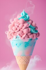 Pink frozen strawberry creamy ice cream in a cone.