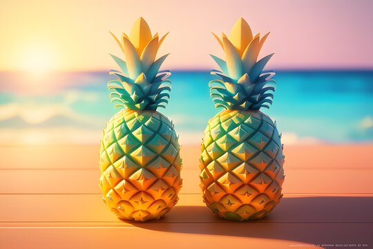 Illustration of a sweet pineapple on a sandy beach.