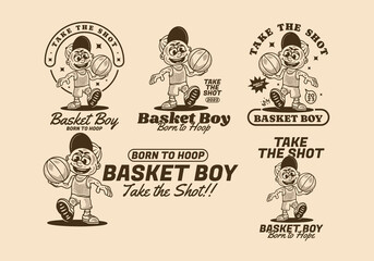 Basket boy, take the shot, illustration character of a boy holding a basket ball - obrazy, fototapety, plakaty
