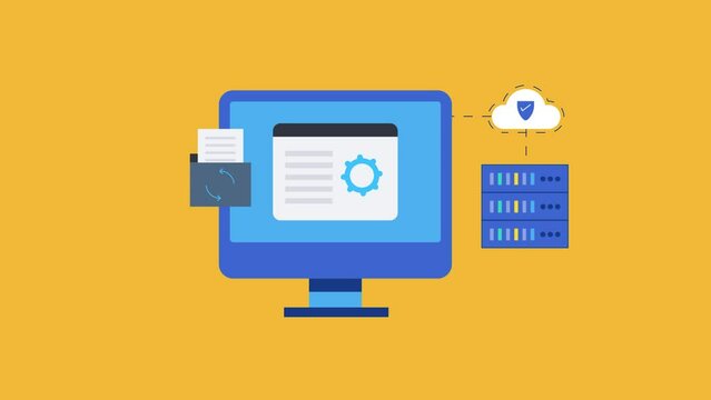 Cloud web hosting online data storage and transfer, digital document uploading and sync with cloud storage file, secure cloud server 2d animation 4k video clip.