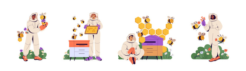 People in beekeepers suit gather honey at apiculture farm. Mans and womans hold hive frames on apiary, bees fly near beehives and honeycomb. Flat vector illustration isolated on white background