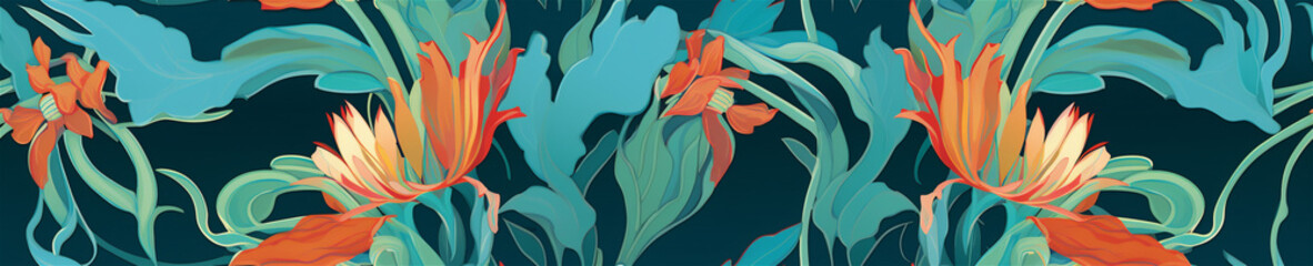 Fototapeta na wymiar Floral Wallpaper Pattern, Exotic Floral Style Seasonal Themes, Generative AI