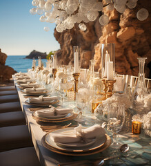 An extreme close up photo of a white bright Ibiza luxury boho wedding dining table