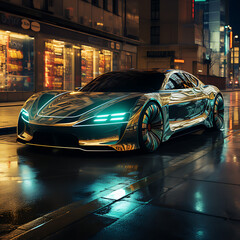 bright hyperrealistic visually stunning photo of a electric car in the streets